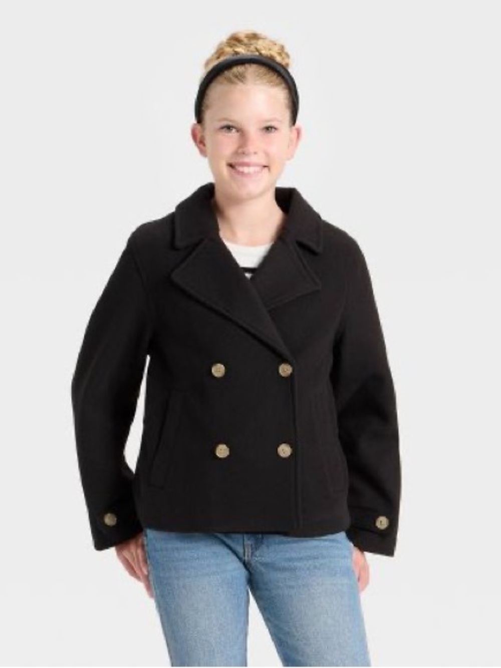 art class Black Double-Breasted Girls' Peacoat with Gold Buttons
